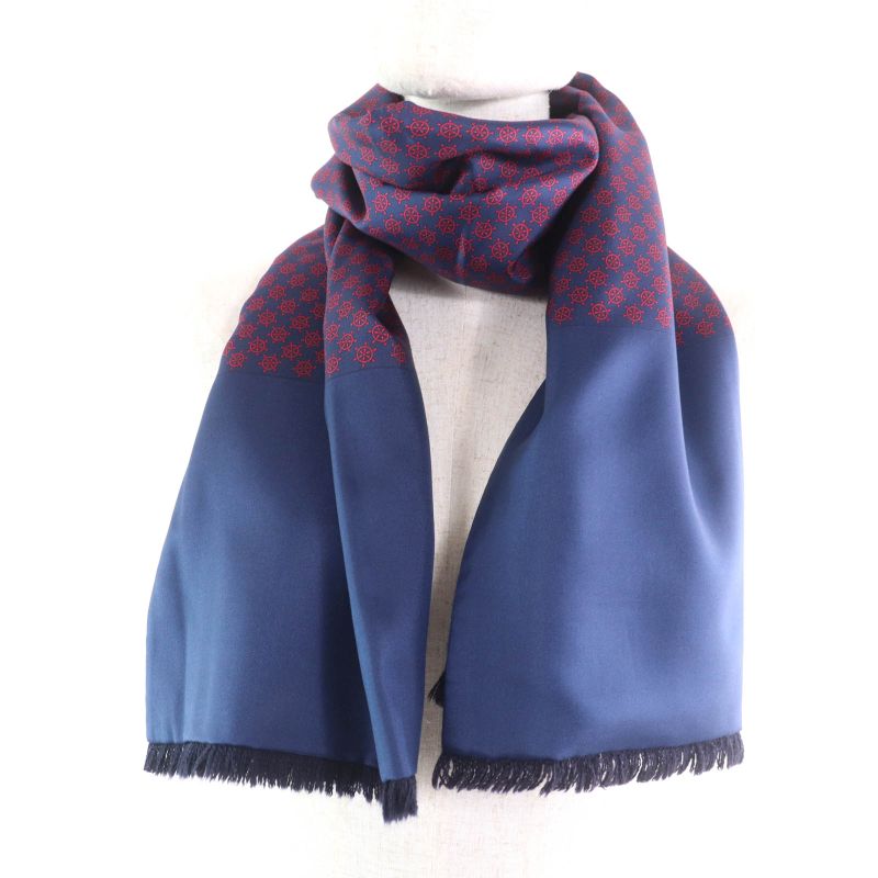 Hermes Silk Angora Ikari Pattern Fringed Shawl Scarf Stole Scarf Navy With Box