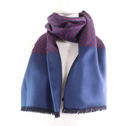 Hermes Silk Angora Ikari Pattern Fringed Shawl Scarf Stole Scarf Navy With Box