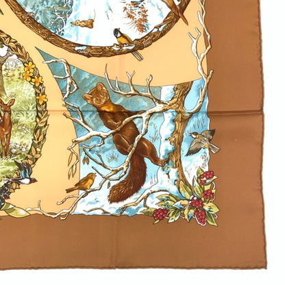 Grade Hermes Carre 90 LES Quatre Saisons Four Seasons Brown Animal Flower Scarf