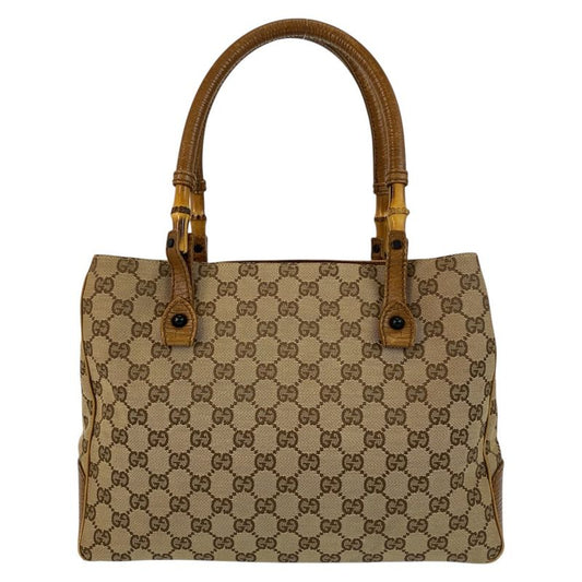 Gucci Bamboo Beige Brown GG Canvas/leather 112526 Tote Bag Shoulder Bag Women