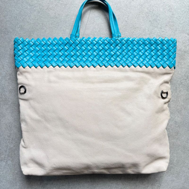 Bottega Veneta Intrecciato Leather Tote Handbag Bicolor Light Blue Ivory A4