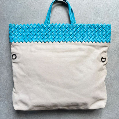 Bottega Veneta Intrecciato Leather Tote Handbag Bicolor Light Blue Ivory A4