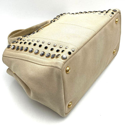 Prada Canapa Bijoux Tote Handbag Studded Canvas Beige Ivory Women's