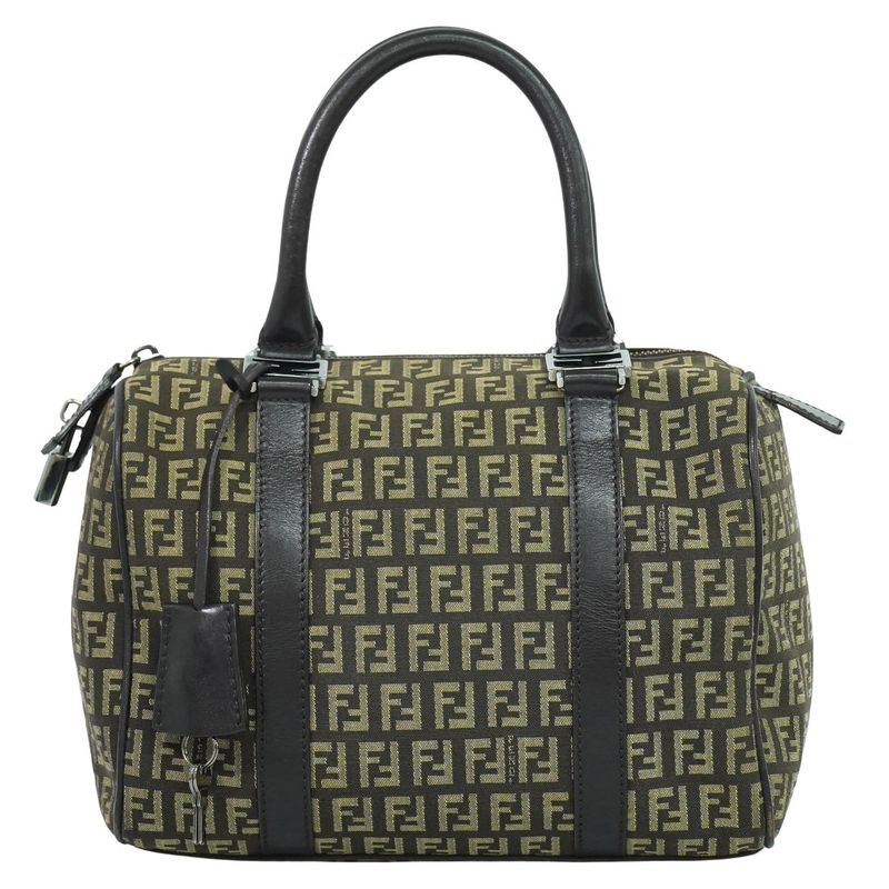 Authentic Fendi Zucchino Mini Boston Bag Handbag Canvas Beige Brown 8bl068