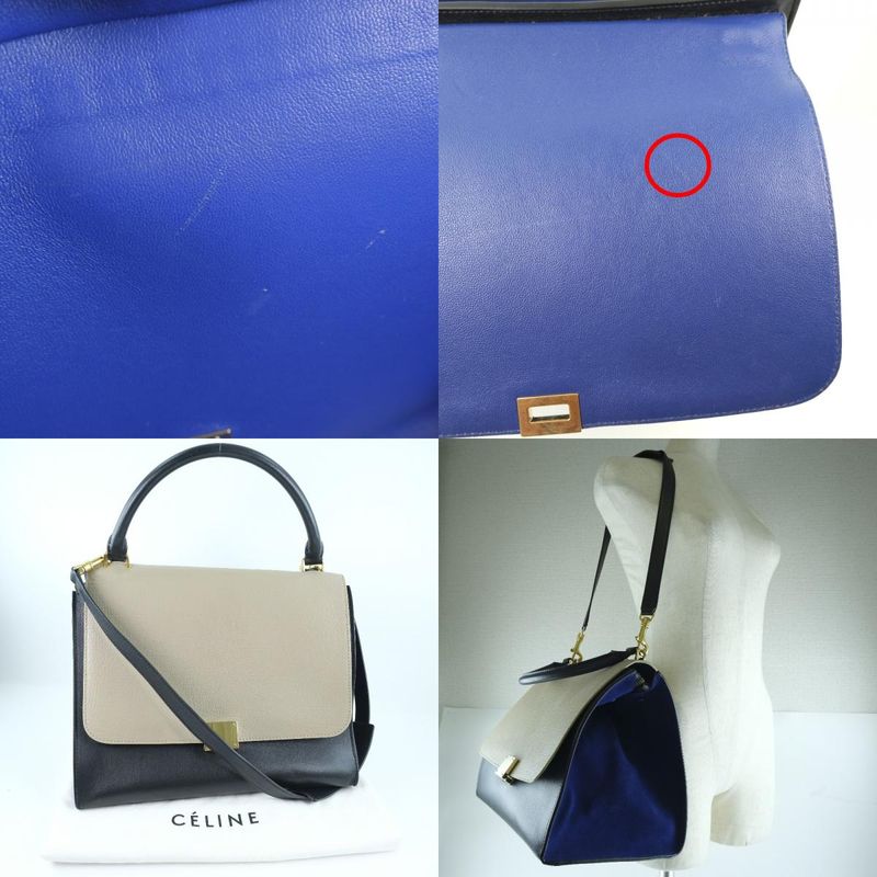 Celine Trapeze 2-way Shoulder Calf And Suede Black/blue/beige Women's Handbag