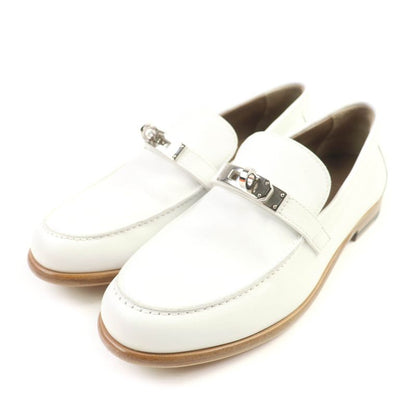 Hermes Moccasin Destin Silver Hardware Leather Loafer With Kelly Buckle White