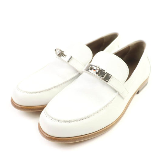 Hermes Moccasin Destin Silver Hardware Leather Loafer With Kelly Buckle White