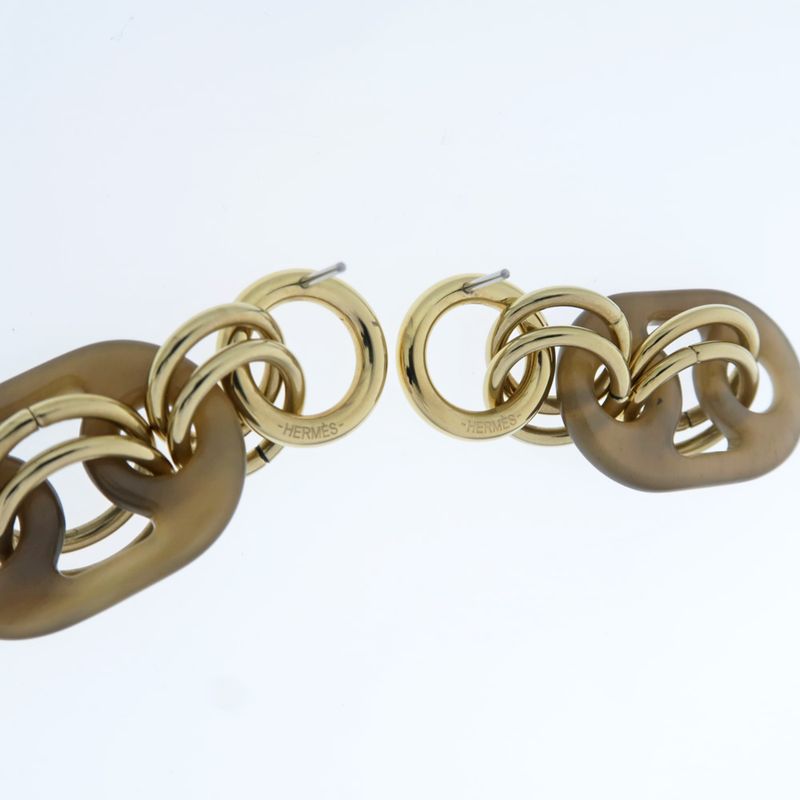 Hermes Yulidice PM Earrings Buffalo Horn Pair Brown Gold Hardware