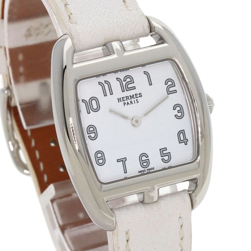 Hermes Ct1210 Cape Cod Tonneau Wristwatch SS Leather Ladies