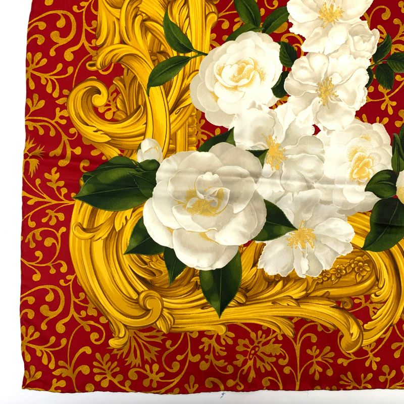 Chanel Camellia Silk Scarf Large Red X Gold X White