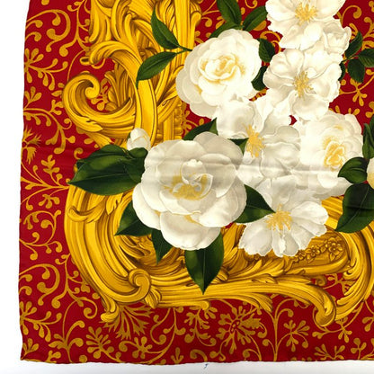 Chanel Camellia Silk Scarf Large Red X Gold X White