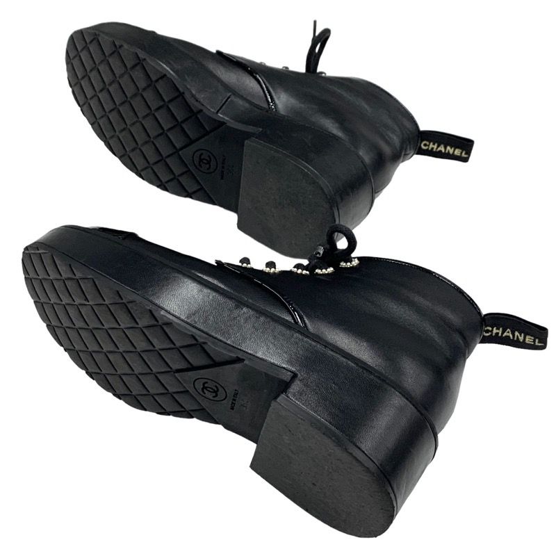 Chanel Boots Short Boots Shoes Here Mark Lace Up Pearl Leather Patent Black