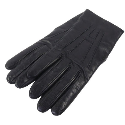 Hermes Lambskin Sheepskin 100% Cashmere Lining H Logo Design Gloves Black 7.5