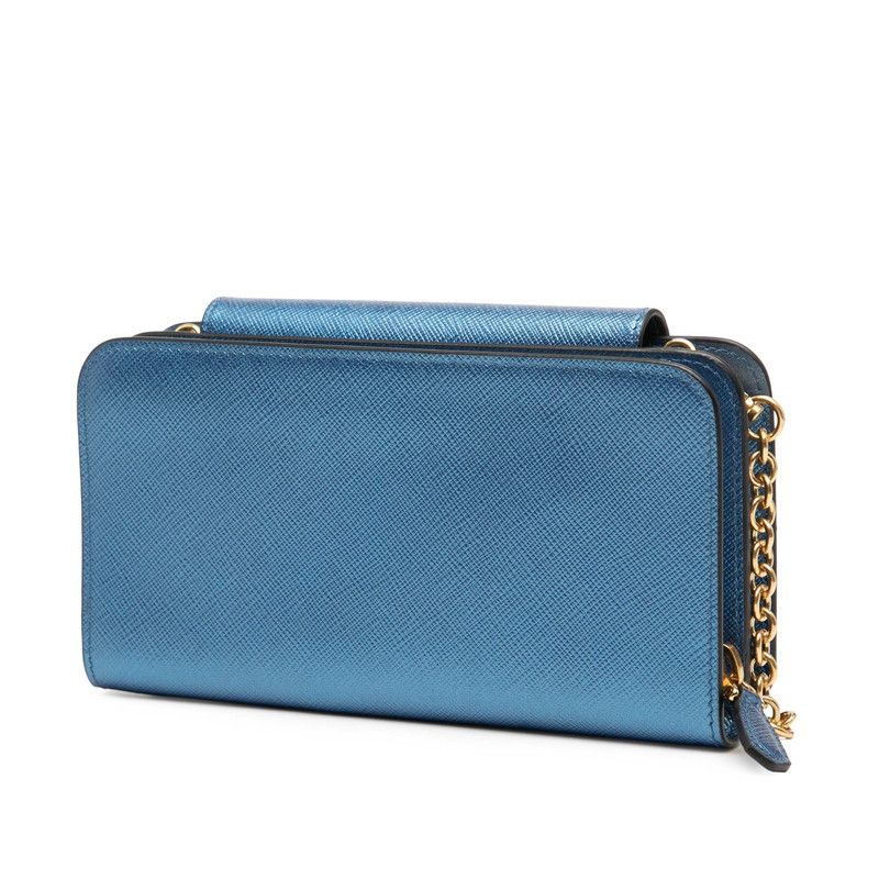 Prada Logo Chain Wallet Shoulder Bag 1dh048 Blue Saffiano Leather Women Prada