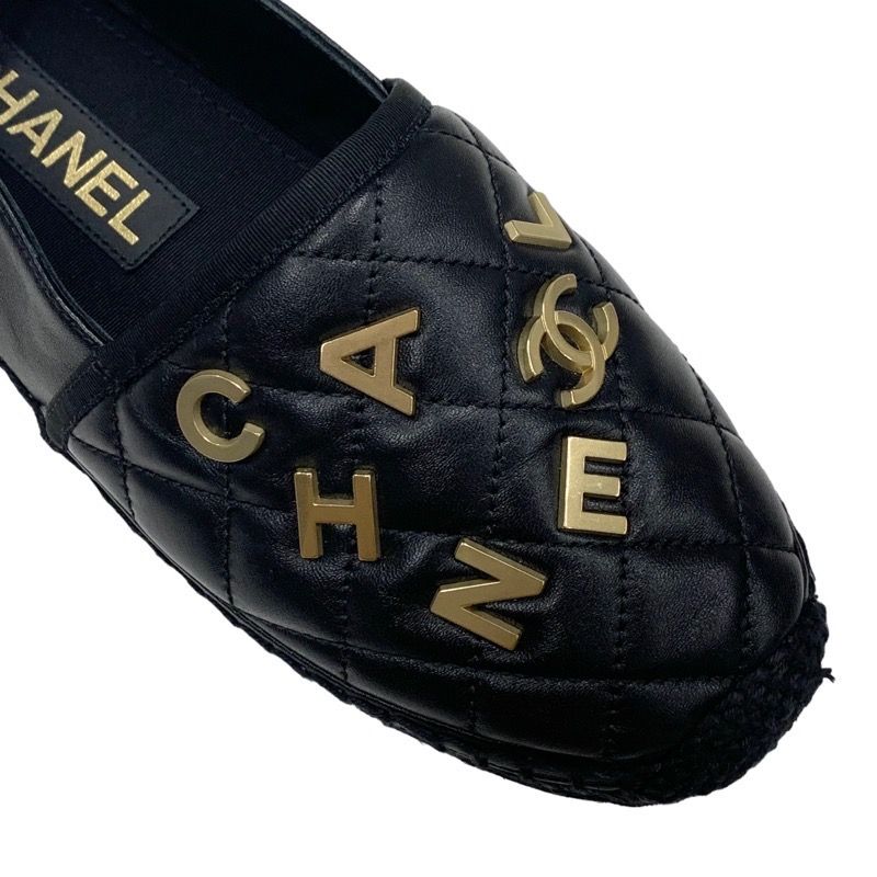 Chanel Flat Shoes Leather Black Gold Here Mark Logo Espadrilles