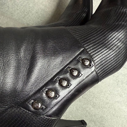 Chanel Pointed Toe Coco Mark Button Leather Zip Boots 37 1 2c 24.5cm (9.65in)