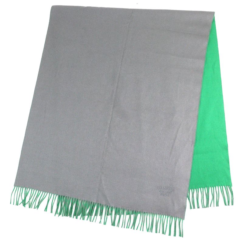Hermes 100% Cashmere Logo Embroidery Bicolor Fringed Large Shawl Scarf Gray
