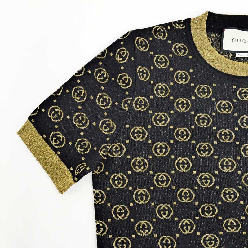 Gucci Short Sleeve Knit GG Pattern M Size 554595 Black Gold Lamé