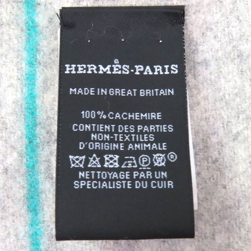 Hermes Neo Lo Cabasol 100% Cashmere Gris Chine Logo Leather Patch Fringe Scarf