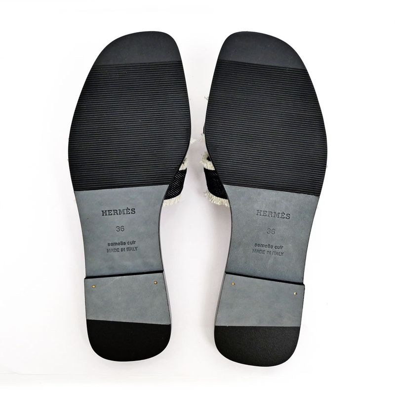 Hermes Oran Fringe BL Denim Navy-brown Size 36 Sandals Shoes Ladies
