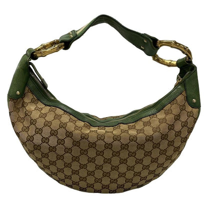 Gucci Shoulder Bag GG Patternbamboo 131036 Beige Dark Brown And Green Leather