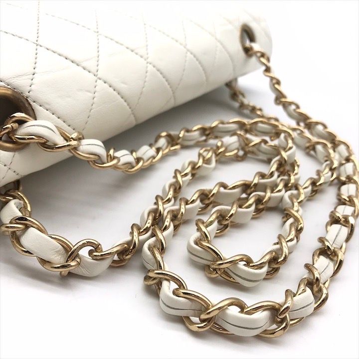 Chanel CC Logo Turnlock Lambskin Double Flap Chain Shoulder Bag White