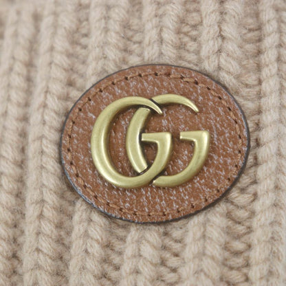 Gucci 764594 Double G Wool Cashmere Leather Use Cable Knit Hat Cap Beige M