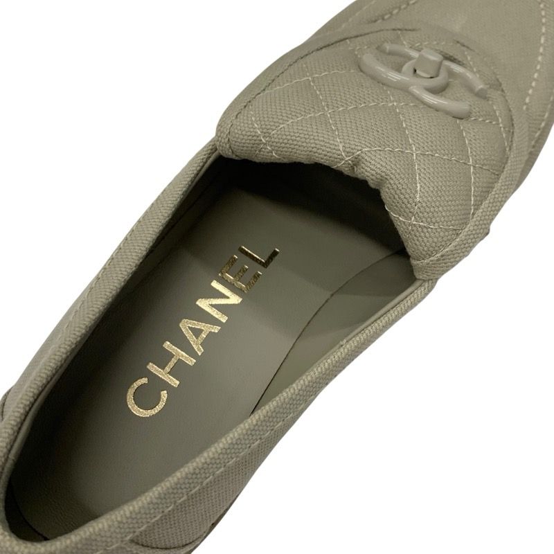 Chanel Loafers Leather Shoes Fabric Beige Here Mark Turn Lock Flat Shoes