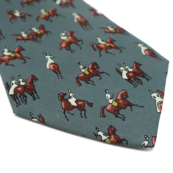 Hermes Tie with Equestrian Pattern 9cm (3.54in) Silk Green and Multicolor Green