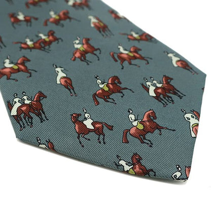Hermes Tie with Equestrian Pattern 9cm (3.54in) Silk Green and Multicolor Green