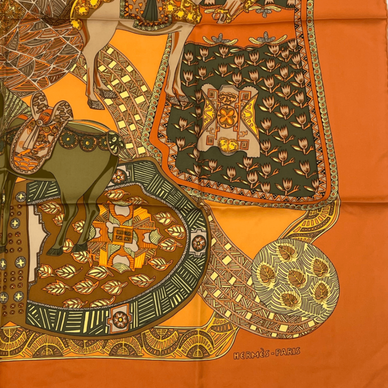 Hermes Carre 90 ART Des Steppes Step Art Horse Scarf Silk Orange