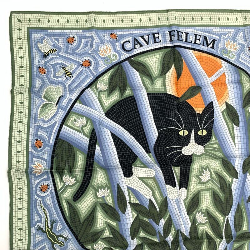 Hermes Carre 90 CAVE Felem Note The Cat Multicolor Scarf 100% Silk