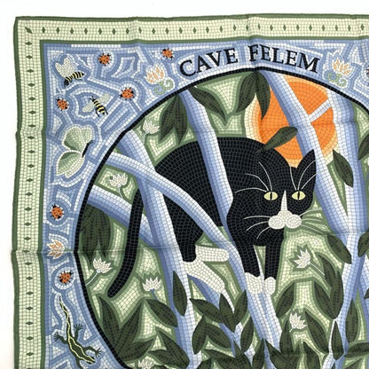 Hermes Carre 90 CAVE Felem Note The Cat Multicolor Scarf 100% Silk