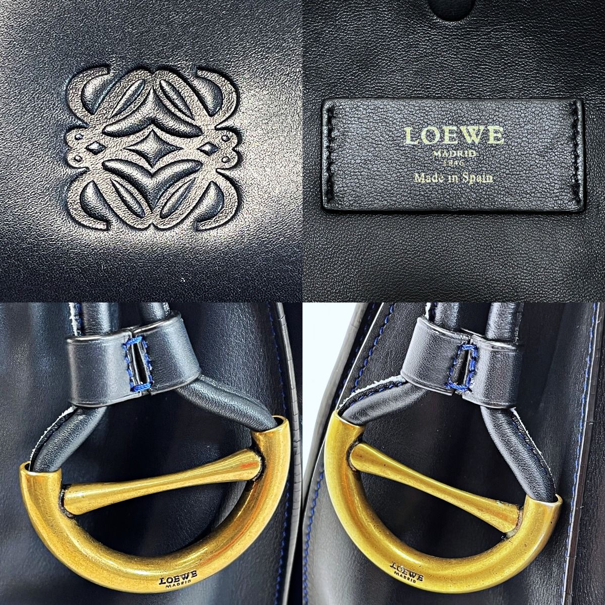 Loewe Anagram Flamenco 30 Navy X Blue Stitch Tote Bag Ladies Gold Hardware