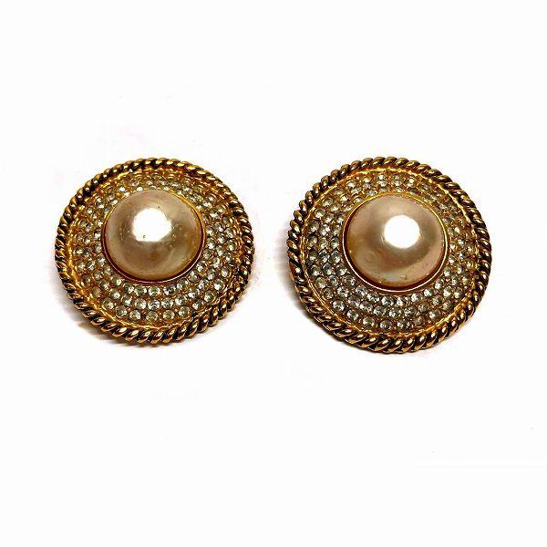 Chanel Faux Pearl Rhinestone Gold Branded Accessories Earrings Ladies