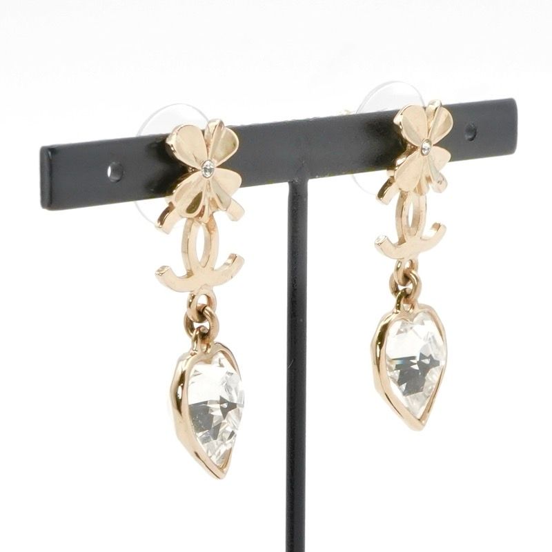 Chanel Earrings Earring Gold Coco Mark Rhinestone Clover Heart