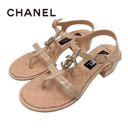 Chanel Sandals Shoes Patent Leather Pink Coco Mark Matelasse Thong Sandals