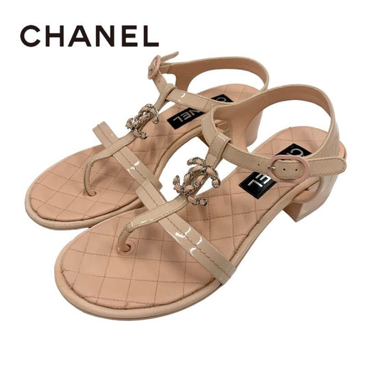 Chanel Sandals Shoes Patent Leather Pink Coco Mark Matelasse Thong Sandals