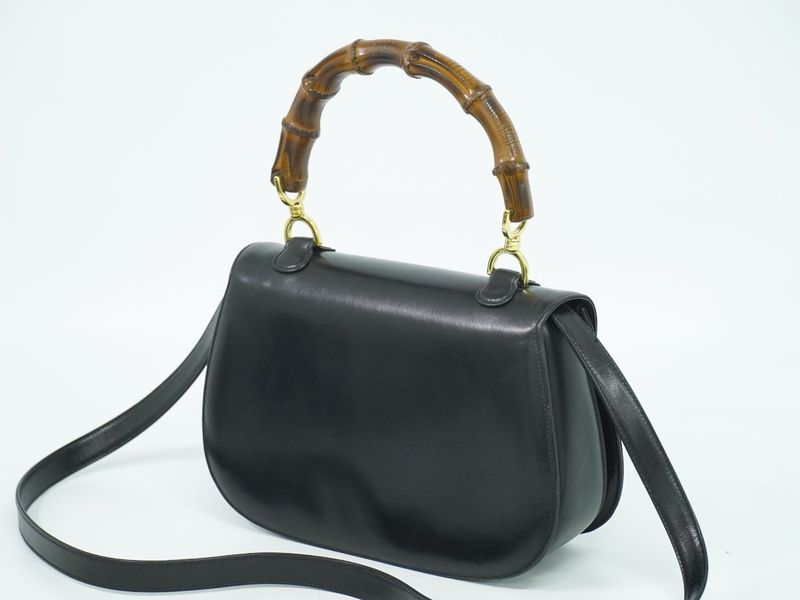 Authentic Gucci Bamboo 2WAY Shoulder Bag Handbag Pochette Leather Black Bamboo