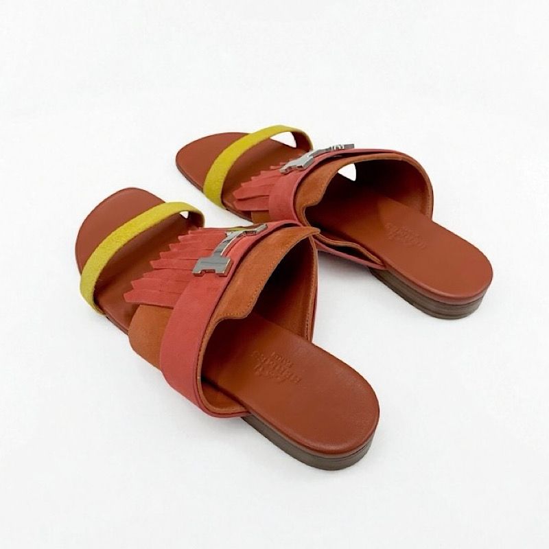 Hermes Coralia Sandals Shoes Suede Red Orange Yellow Flat Mule Hhardware Fringe