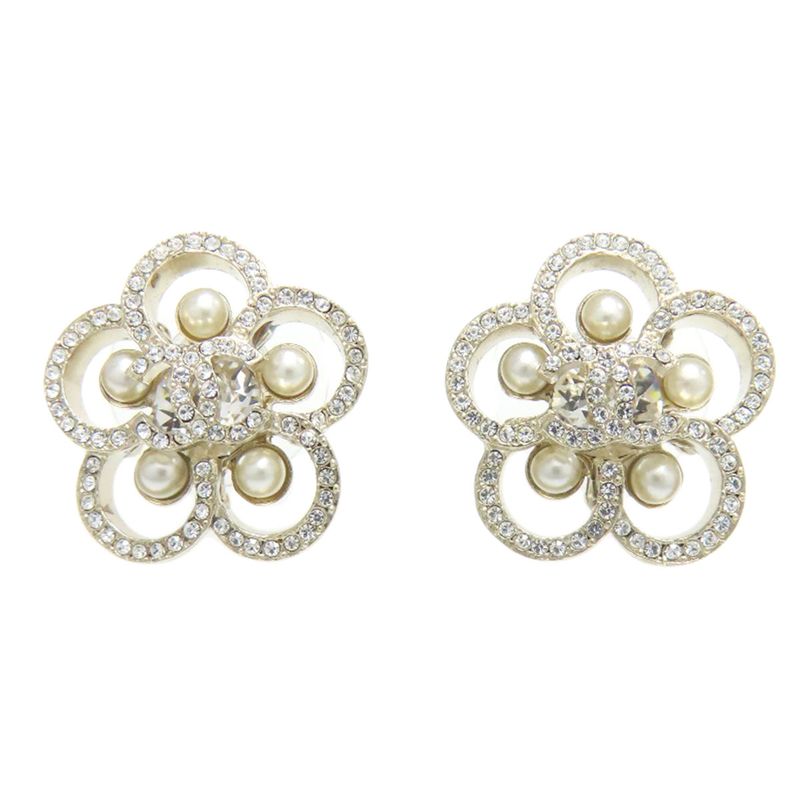 Chanel Flower Rhinestone Earrings Metal Ladies