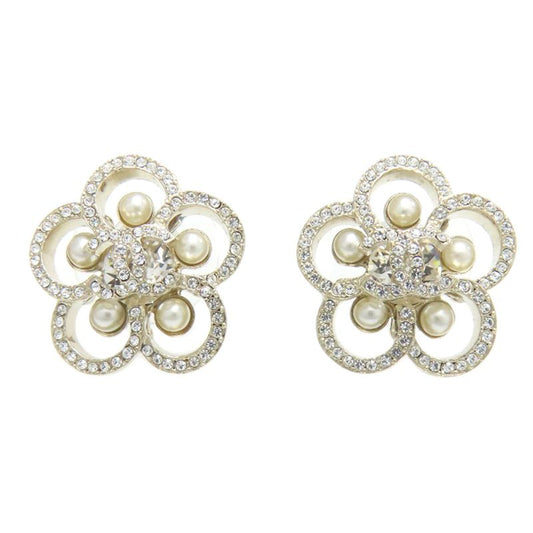 Chanel Flower Rhinestone Earrings Metal Ladies