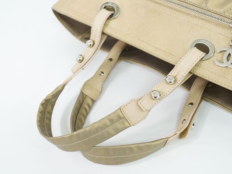 Authentic Chanel Coco Mark Paris Biarritz GM Tote Handbag Coated Canvas Gold