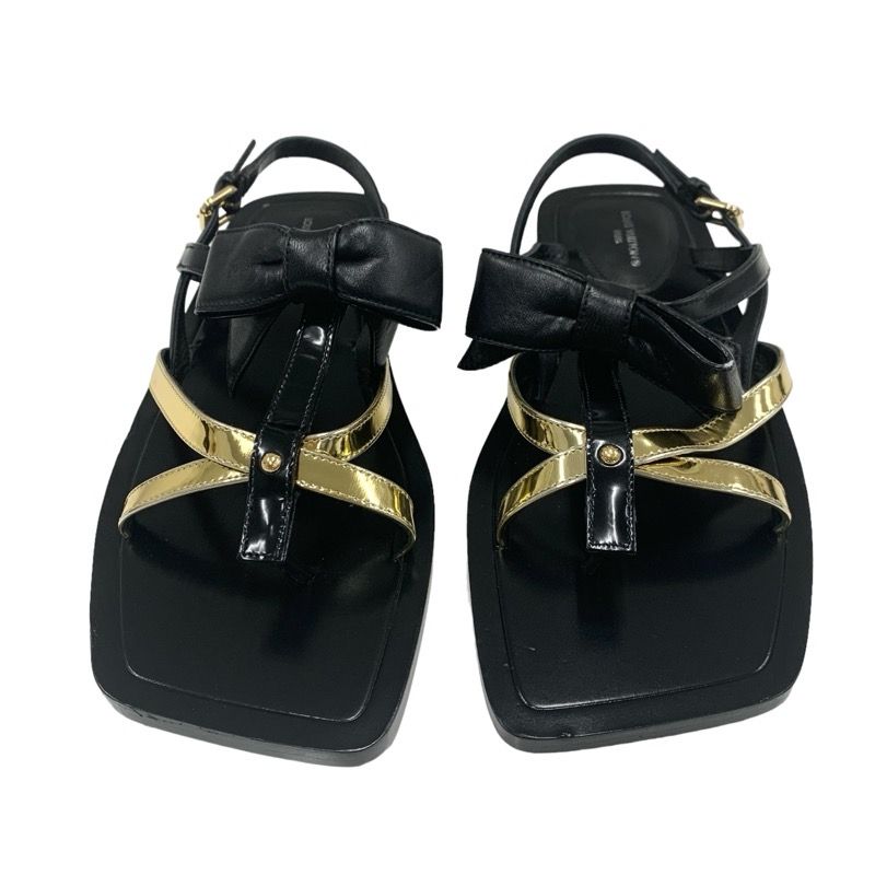 Louis Vuitton Peplum Line Sandals Shoes Leather Black Gold Black Ribbon Flat