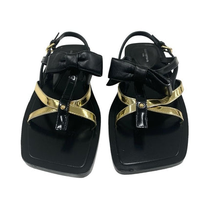 Louis Vuitton Peplum Line Sandals Shoes Leather Black Gold Black Ribbon Flat