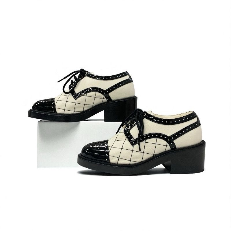 Chanel Loafers Leather Shoes Patent Fabric White Black Here Mark Lace Up Shoes