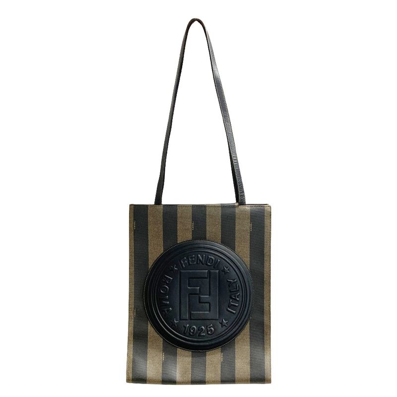 Fendi Pecan Tote Leather PVC Black Khaki Logo Unisex