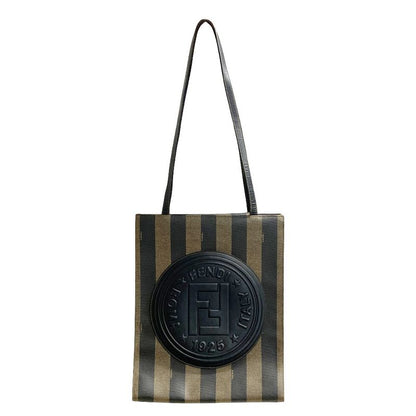 Fendi Pecan Tote Leather PVC Black Khaki Logo Unisex