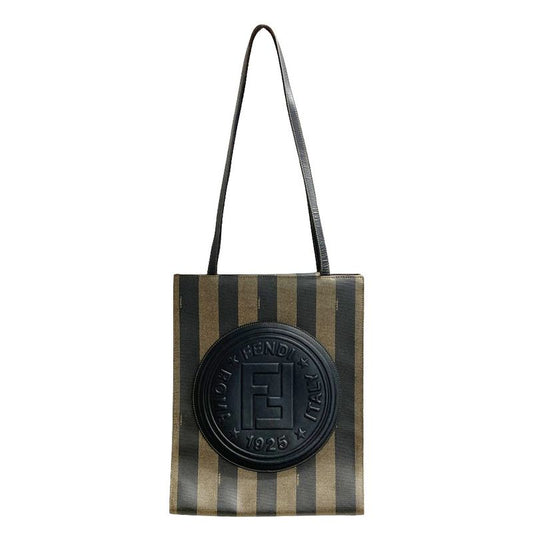 Fendi Pecan Tote Leather PVC Black Khaki Logo Unisex