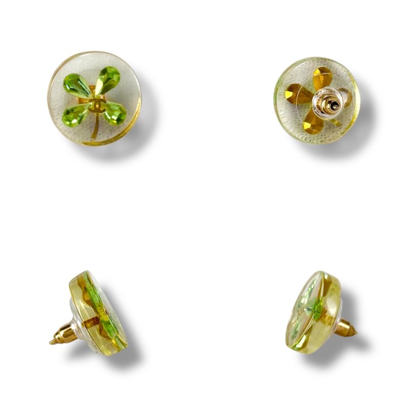 Chanel Clover Motif Earrings Circle Round Clear Green Mini Earrings Binaural
